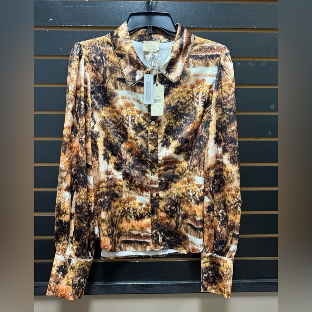Sterling & Stitch NWT Vintage-Style Nature Print Blouse XL Brown Gold Button-Up